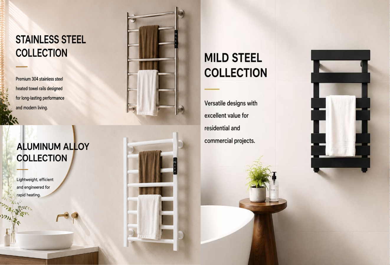 Yunuan towel warmer collections in stainless steel, aluminum alloy and mild steel